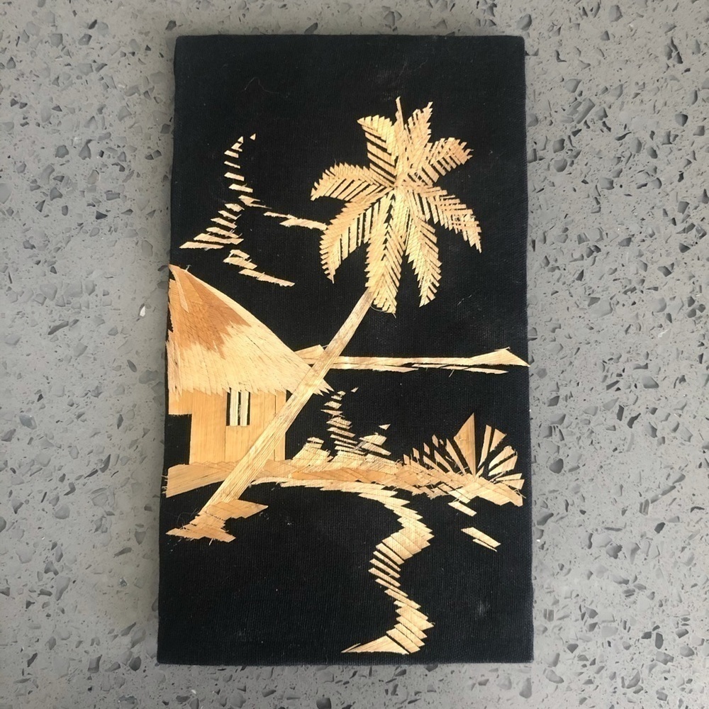 Tropical Straw Landscape Canvas Art Handcrafted Straw Hut Palm Tree Decor